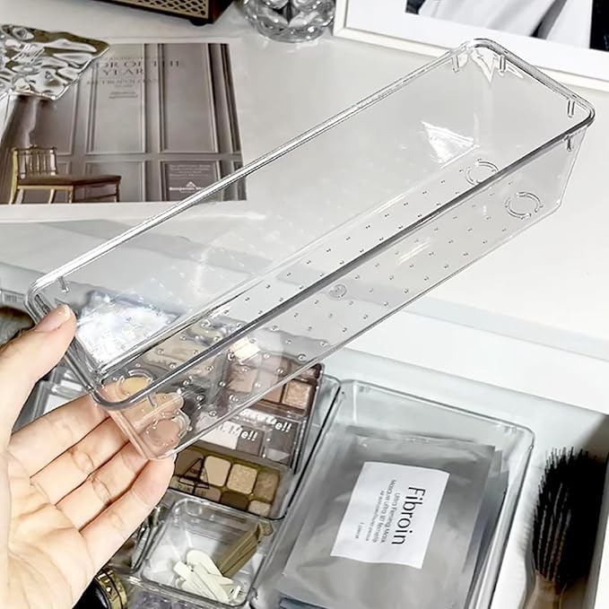 Ysglory 12 Pcs Clear Plastic Drawer Organizer 9 x 3 x 2 Inches Vanity Makeup Drawer Organizer Tray Silverware Utensil Storage Organizers Bins for Kitchen Office Desk Cosmetics and Bathrooms