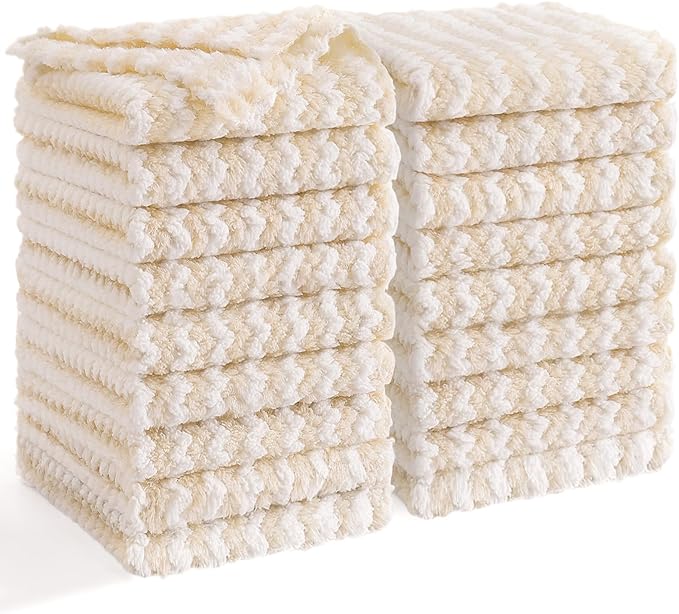 Homaxy 18 Pack Kitchen Dish Cloths, Ultra Soft and Absorbent Dish Towels, Reusable Fast Drying Microfiber Cleaning Cloth, Coral Velvet Wave Design No-lint,10 x 10 inches, Beige