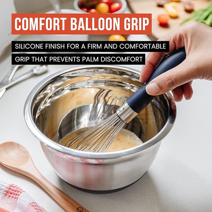 Chef Pomodoro 3-Piece Kitchen Whisk Set, Stainless Steel Whisks for Cooking, Wisk Kitchen Tool, Thick Wire Whisk Set, Wisking Tool for Cooking, Blending, Whisking, Beating and Stirring