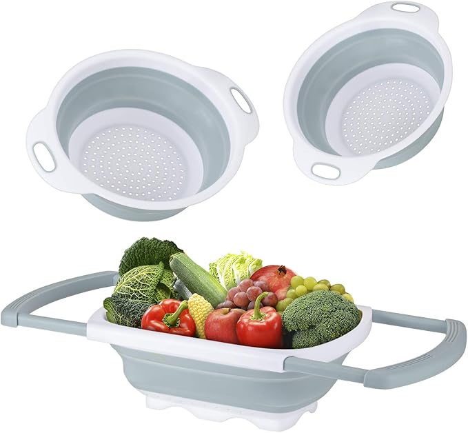Colander Collapsible, Kitchen Strainer Colander, Collapsible Colander with Extendable Handles for Draining Veggies, Pasta,Fruit, Includes 6, 4 Quart Over the Sink Strainer Folding and 2 Quart Round