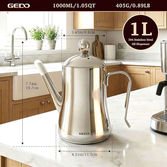 GEDO 304 Stainless Steel Oil Dispenser, Eagle Beak Drip-Free Spout Oil Pot with Extra Wide Mouth & Air Vent Lid, Large Capacity for Kitchen Cooking & Outdoor Grilling (1.05QT / 1000ml)