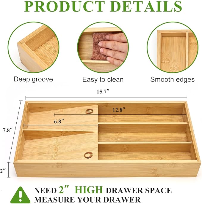 Hilislog Bamboo Silverware Drawer Organizer Cutlery Tray for Drawer Wood Kitchen Utensil Tray Flatware Caddy Cutlery Holder Utensil Drawers Organizer for Spoon Fork Knives Wooden Silverware Trays