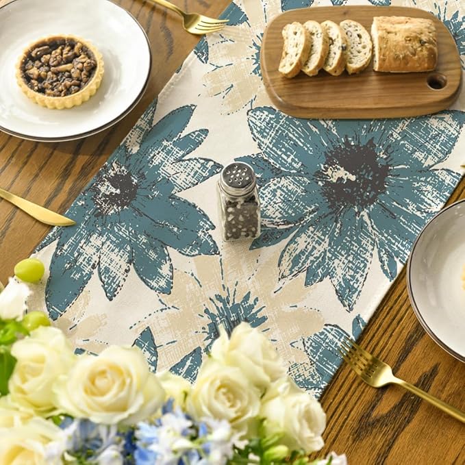 Artoid Mode Blue Retro Daisy Spring Table Runner, Seasonal Vintage Kitchen Dining Table Decoration for Home Party Decor 13x72 Inch