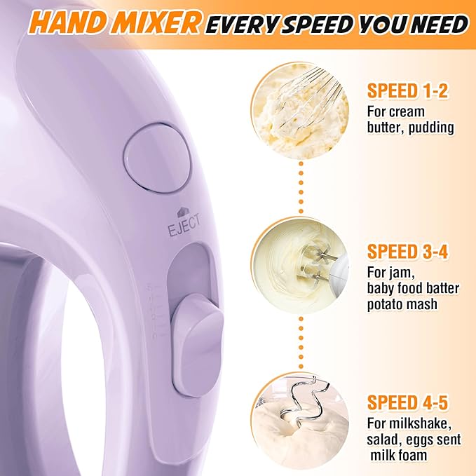Handmixer Electric Handheld - 7 Speed Portable Kitchen Mixer Electric with 5 Stainless Steel Accessories Whisk, Food Beater for Whipping Mixing Cookies Cakes Home (CX6613-VT)