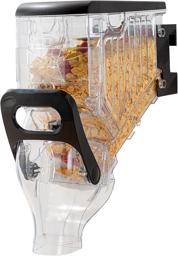 Restaurantware Cereal Dispenser 2 gal Plastic Wall-Mounted Gravity Bin Candy Dispenser Self-Serve Black Dry Food with Wall Mount Brackets for Breakfast Buffet or Hotel Use