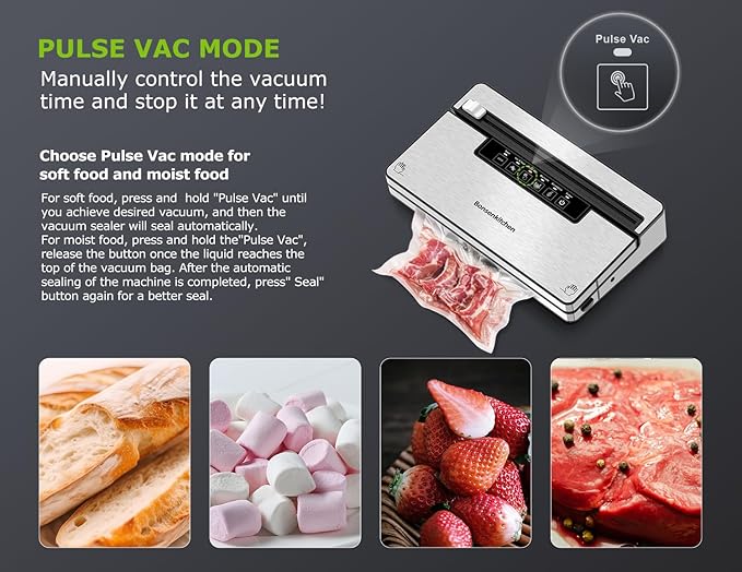 Bonsenkitchen Vacuum Sealer Machine, Stainless Steel Food Sealer Vacuum Sealers with 1 Roll & 5 Bags, 5 Food Vacuum Modes, Built-in Cutter & Bag Storage (Silver Black)