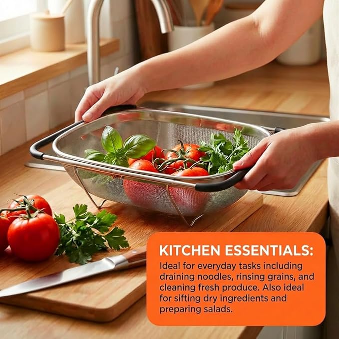 Over The Sink Colander, Fine Mesh Stainless Steel Strainers and Colanders, 6 Quarts Stainless Steel Oval Colander with Expandable Rubber Grip Handle, Steel Colander for Strain, Drain, Rinse