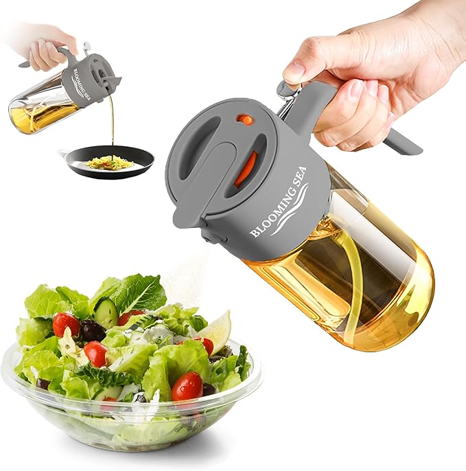 2-in-1 Oil Sprayer and Dispenser – 550ml Glass Olive Oil Bottle with Spray and Pour Modes – BPA-Free, Leakproof, Kitchen Oil Mister for Cooking, Air Fryer, BBQ (Gray)