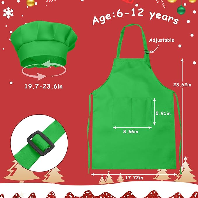 Kids Apron and Chef Hat Set, 16 Pieces Boys Girls Christmas Kids Apron with 2 Pockets Adjustable for Cooking Classroom Baking Painting, 6-13 Years(Red, Green)