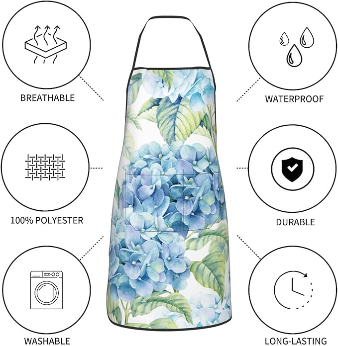 Blue Hydrangea Flowers Watercolor Oven Mitts Pot Holders Cooking Apron Set of 5 Silicone Kitchen Glove Apron Non-Slip Heat Resistant for Chef Baking Cooking Grilling BBQ