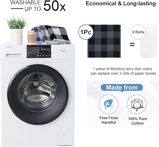 Mordimy 100% Cotton Waffle Weave Plaid Dish Cloths, 12 x 12 Inches, Super Soft and Absorbent Quick Drying Buffalo Check Dish Rags for Kitchen, 12-Pack, Black & Grey