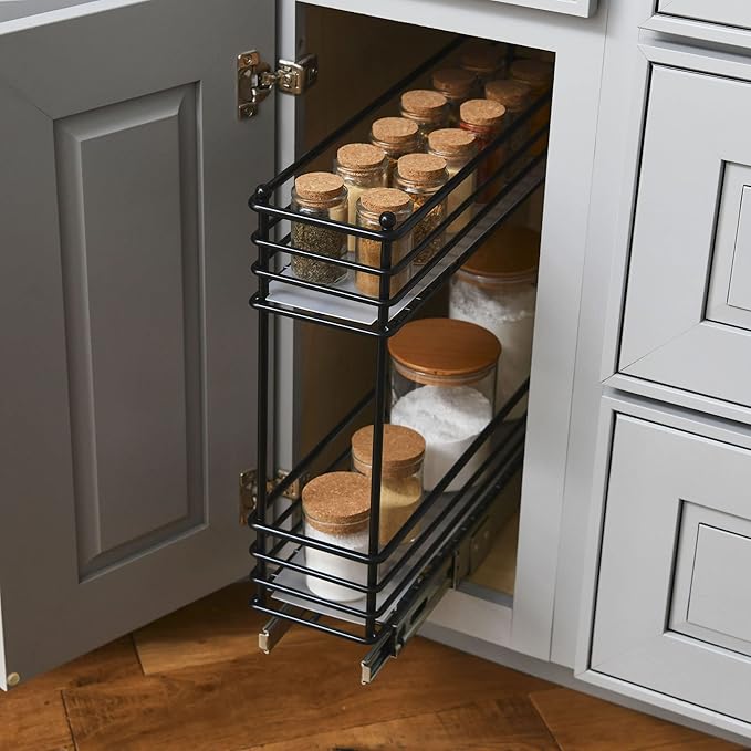 Household Essentials Glidez Multipurpose Paint-Finished Steel Pull-Out/Slide-Out Storage Organizer with Plastic Liners for Under Cabinet Use - 2-Tier Design, Black