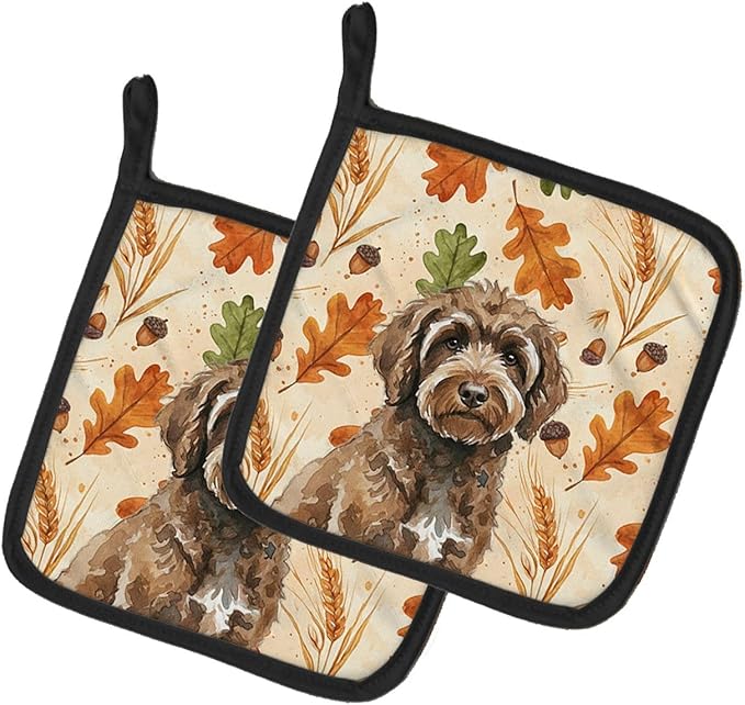 Caroline's Treasures Brown Portuguese Water Dog Heirloom Fall Pair of Pot Holders Pair 7.5x7.5 Quilted Insulated Hot Pads Decorative Kitchen Gift Made in USA