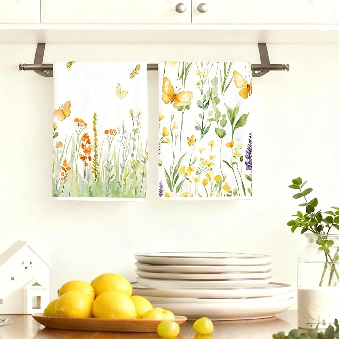 4Pcs Spring Wildflower Butterfly Kitchen Towels-16×24in Floral Microfiber Dish Towels, Super Absorbent Flower Holiday Hand Towels for Home Decor Easter Mother‘s Day Gifts