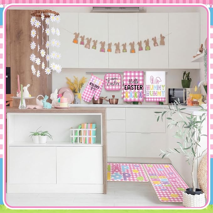 VitalCozy 10 Pcs Happy Easter Kitchen Decor Set Bunny Kitchen Towels and Rugs Oven Mitts and Pot Holders Home Decor Accessories Sets for Easter Chef Baking Cooking Grilling BBQ Gift