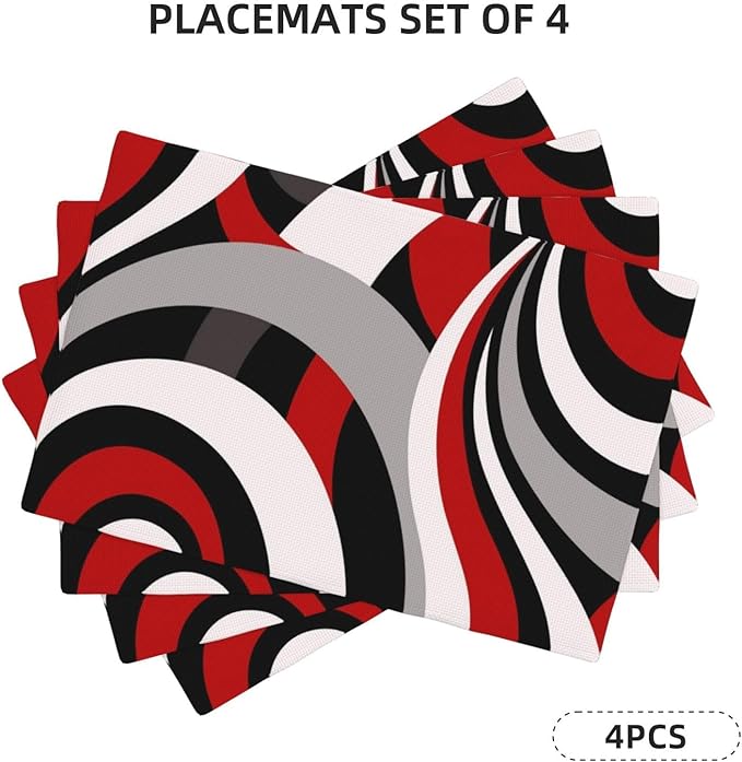 Black Red Retro Modern Swirl Linen Placemats Set of 4, Washable Heat Resistant Table Mats for Dining Table Kitchen Party Holiday Outdoor Farmhouse Gardening, Kitchen Home Decor, Black Red White Grey