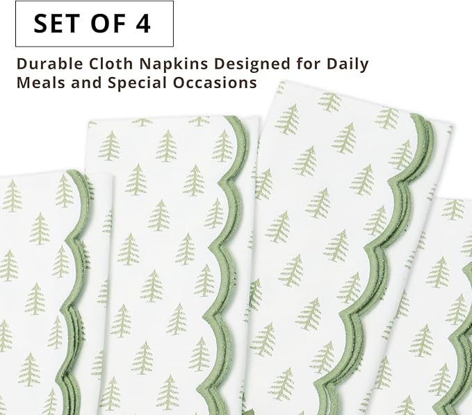 PurpleEssences Scalloped Embroidery Cloth Napkins - Spring Easter Summer - Table Decor - 100% Cotton - Set of 4-18x18 inch - Christmas Tree - Edges - Sage Green