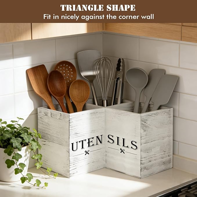 Extra Large Utensil Holder with 3 Compartments, Durable Wooden Utensil Organizer for Kitchen Countertop, Spatula and Spoon Holder Farmhouse Decor (White Grain)