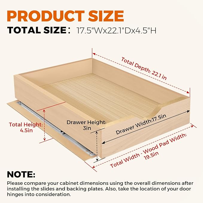 Pull Out Drawers for Cabinet 17.5" W x 23" D x 4.5" H Wood Slide Out Organizer and Storage Kitchen Cabinet Drawers Slide Out Shelves Pull Out Shelves in Kitchen Pantry Bathroom with Soft Close