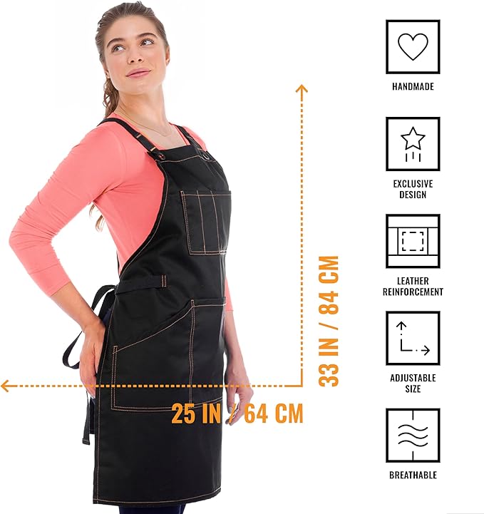 Under NY Sky Essential Deep Black Apron – Cross-Back with Durable Twill and Leather Reinforcement – Adjustable for Men and Women – Pro Chef, Tattoo Artist, Baker, Barista, Bartender, Server Aprons