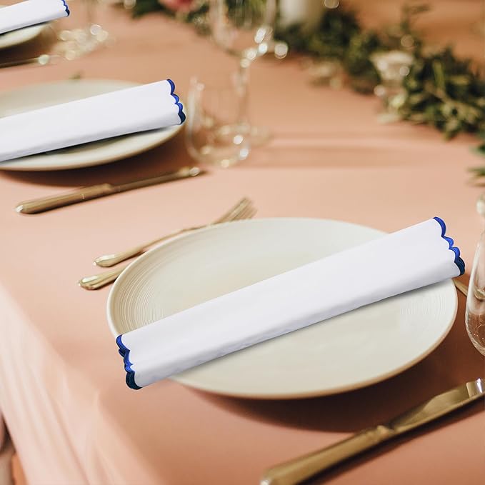 Ridhi Cloth Napkins 100% Pure Cotton Farmhouse Wedding Dinner Napkins Gift for Spring, Easter, Valentine, Holiday, Everyday Napkin (4-18" x 18" White with Tanzanite Blue Edge)