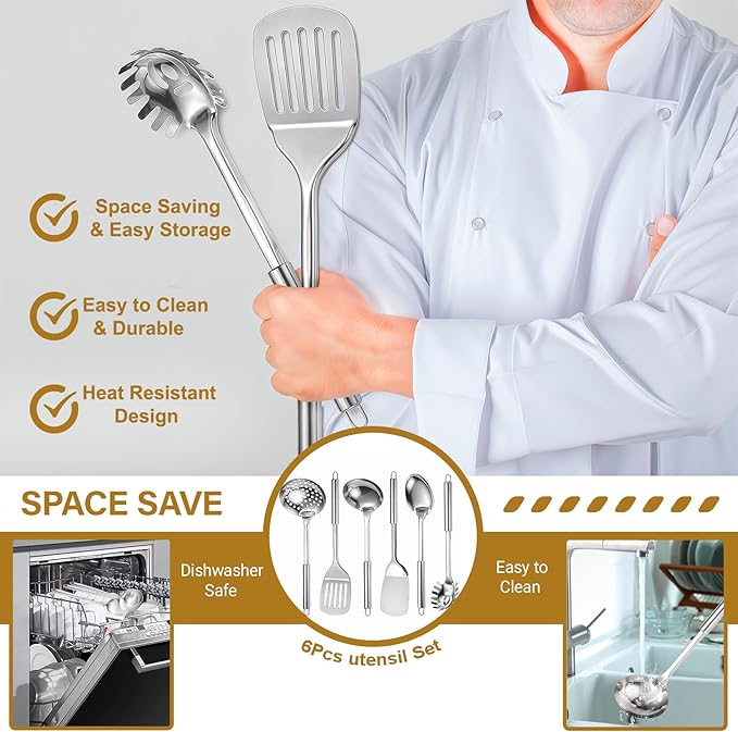 Stainless Steel Kitchen Utensils Set, 6 PCS Metal Cooking Utensils Set, Heat Resistant Cooking Spatula Spoon Set with Turners, Serving Spoon, Ladle, Skimmer, Pasta Server