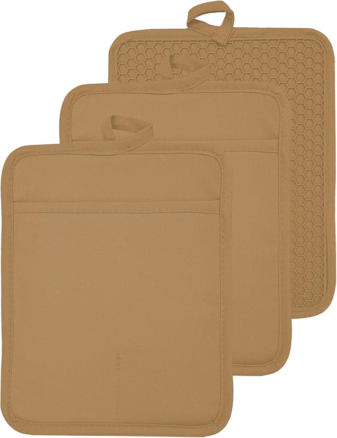 Oven Pot Holder with Pocket Cotton Heat Resistant Coaster Potholder Kitchen Hot Pad Oven Mitts for Cooking and Baking Square 7"x9" (Khaki, Silicone)