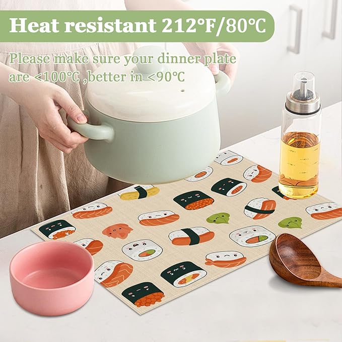 Cute Japanese Sushi Placemats Set of 6, Washable Heat Resistant Table Mat Linen Place Mats for Party Kitchen Dining Home Decor 12x18 Inch