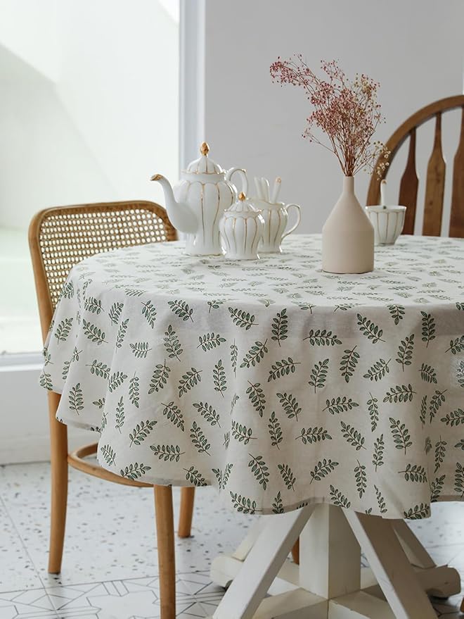 YiHomer Pastoral Round Tablecloth - 60 Inch Dia. Table Cloth - Washable Table Cover with Dust-Proof Wrinkle Resistant for Restaurant, Picnic, Bistro, Indoor and Outdoor Dining, Green Leaf