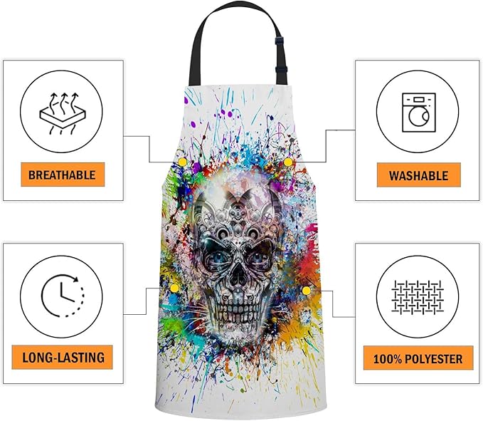 oFloral Skull Colorful Splash Apron Chefs Apron, Cooking and Baking Apron for Men and Women, Kitchen Aprons, Butchers Apron, BBQ & Catering Bibs