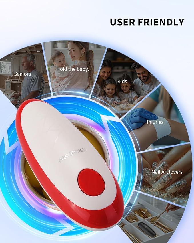 CIRCLE JOY Electric Can Opener, One-Touch Automatic Can Opening with Smooth Edges, Food Safety Handheld Battery-Operated Can Opener for Kitchen and Seniors, Red