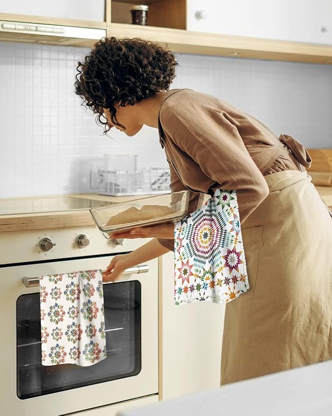 Miss Adola 2 Pack Flour Sack Kitchen Towels - 16x26 Inch Cotton Dish Towels with Hanging Loop Reusable Geometric Boho Modern Retro Tea Towel Absorbent Dishcloths Home Decor, Starburst Design