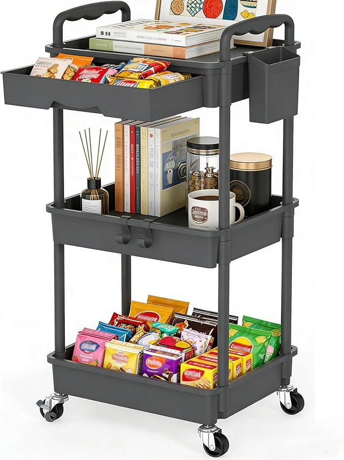 SUNALLY Rolling Cart with Drawers, 3-Tier Utility Cart Storage Organizer with Lockable Wheels, Storage Cart for Kitchen, Bathroom, School, Studio, Office, Bedroom, Jet