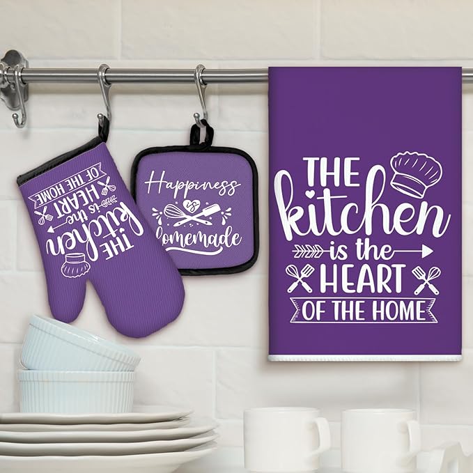 Sratte 6 Pcs Kitchen Decor Accessories Set Farmhouse Towels Pot Holders Oven Mitts Set 2 Dish Towels 2 Potholders 2 Cooking Mittens Oven Glove for Christmas Baking Cooking (Purple,Kitchen)