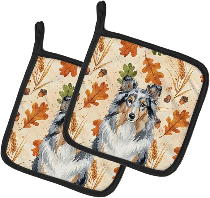Caroline's Treasures Blue Merle Sheltie Heirloom Fall Pair of Pot Holders Pair 7.5x7.5 Quilted Insulated Hot Pads Decorative Kitchen Gift Made in USA