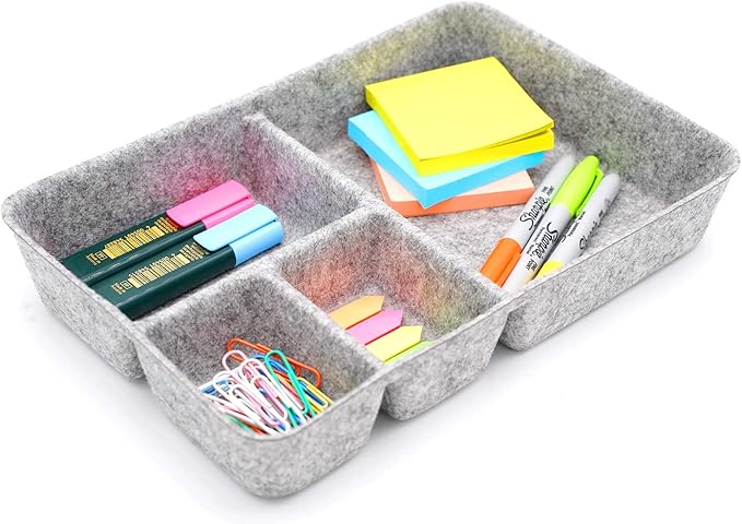 Welaxy Junk Drawer Organizer bin 4 Compartments Office Organizers Bins Felt Trays Drawers 2 dividers Multi-Purpose Storage (Grayx2)