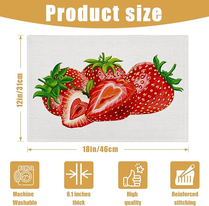 Strawberry Placemats Set of 6, Spring Summer Linen Place Mat Washable Stain Resistant Table Mats for Farmhouse Kitchen Dining Party Wedding Decor 12x18 Inch