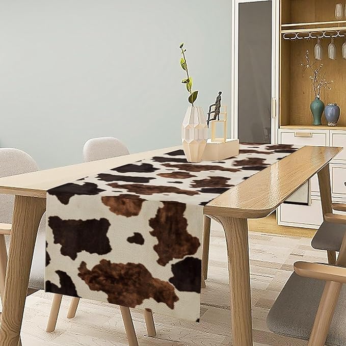 Cow Print Table Runner Country Farmhouse Cottage Cowhide Print Art Printed Runner for Home Kitchen Dining Table Living Room Decor Fabric 1 Panel W13xL70in