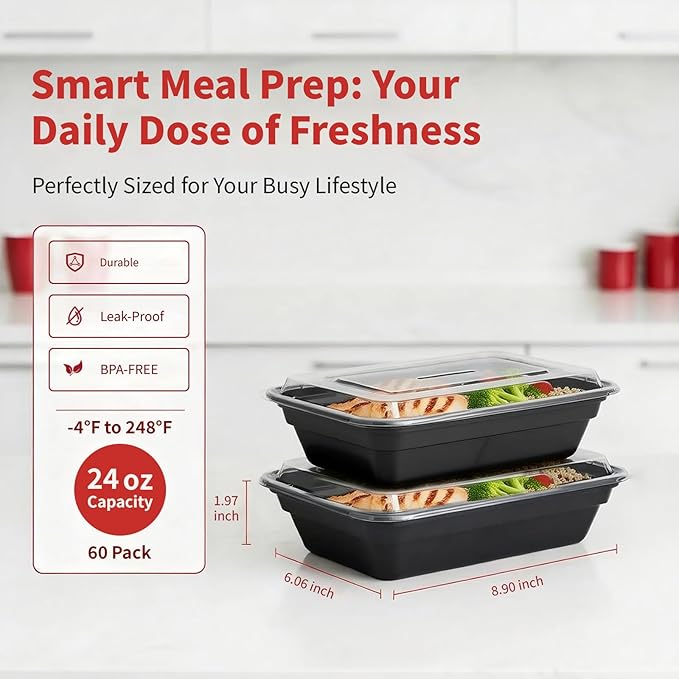 60 Pack 24 oz Meal Prep Containers Reusable, Plastic Food Storage Container with Lids,Leakproof To Go Lunch Boxes, BPA-Free,Freezer, Microwave, Dishwasher Safe Take Out Containers