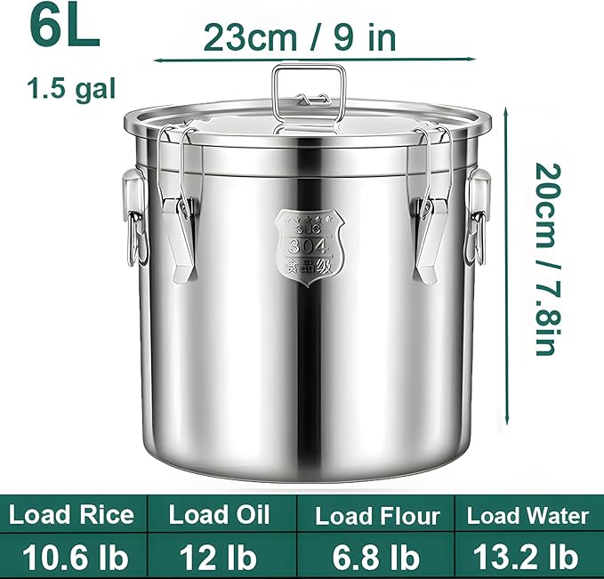 304 Stainless Steel Airtight Canister, Metal Cereal Flour Storage Container with Carry Handle Sealed Lid Coffee Canisters for Household Kitchen Bean Oil Milk Barrel (6L / 1.5 Gal)