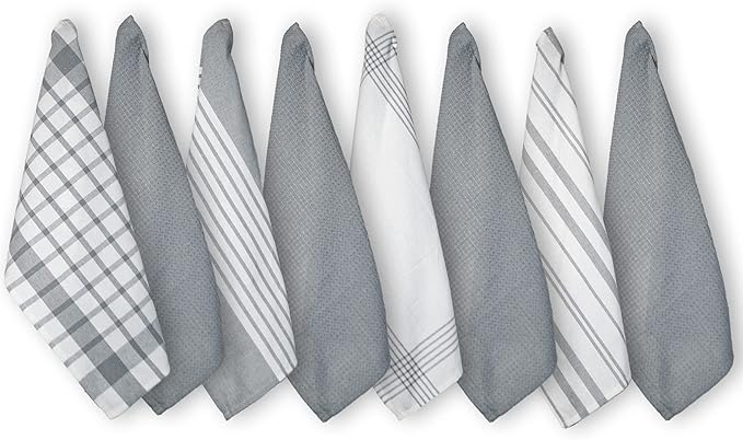 Chardin home Recycled Cotton 18x28 Inch Kitchen/Dish Cloths Set of 8 | 4 Assorted Woven Kitchen Towels & 4 Waffle Towels, Grey | Super Absorbent Reusable Hand and countertop Ultra Soft Tea Towels