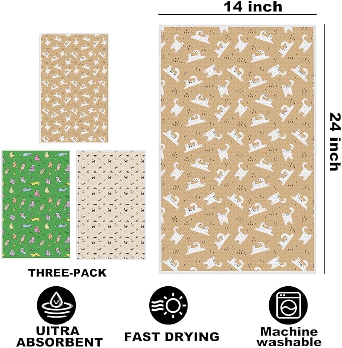 3 Pcs Cat Kitchen Towels, Cats Decorative Absorbent Microfiber Dish Cloth Tea Towel, Durable Waffle Hand Towels for Farmhouse Home Bathroom, Cat Lover Gifts for Women