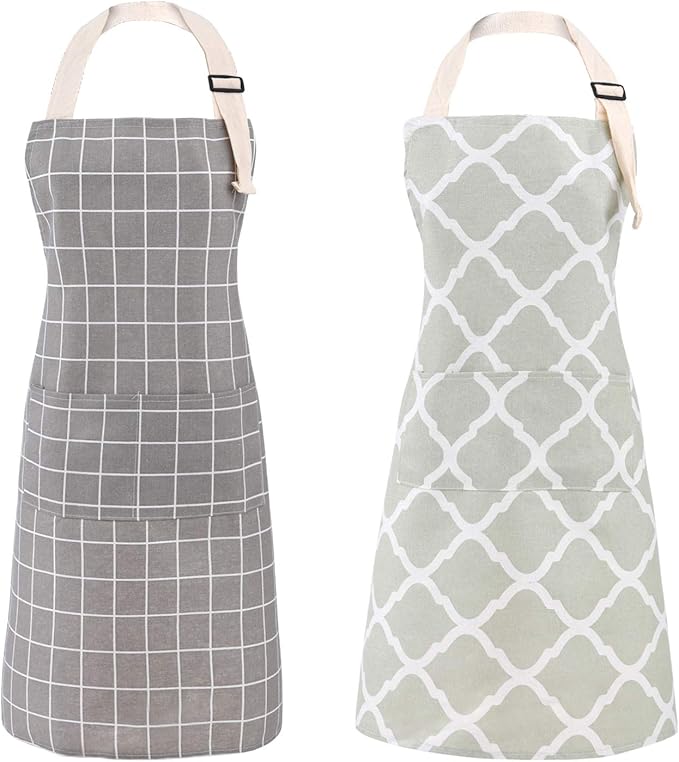 Tosewever 2 Pieces Cotton Linen Waterproof Bib Kitchen Apron with Pockets - Long Ties Adjustable Neck Strap - Unisex BBQ Cooking Drawing Crafting Aprons for Women Chef (Grey/Green, 2)