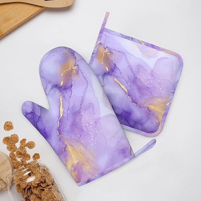 Oven Mitts and Pot Holders Pastel Purple Marble Silicone Kitchen Accessories Set of 2 Heat Resistant Long Gloves Potholder Non-Slip Grip for Chef Cooking Baking Grilling BBQ