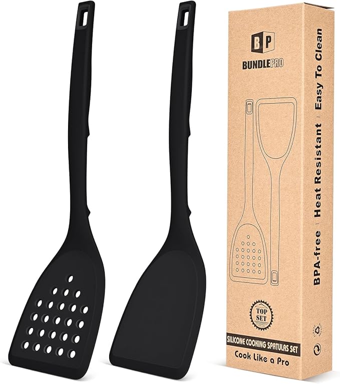 Pack of 2 Silicone Spatula Turner, Non Stick Kitchen Spatulas Set with Back Hooks, Heat Resistant BPA Free Kitchen Utensils, Suitable for Flipping Fish, Eggs, Steak, Pancakes(BLACK)