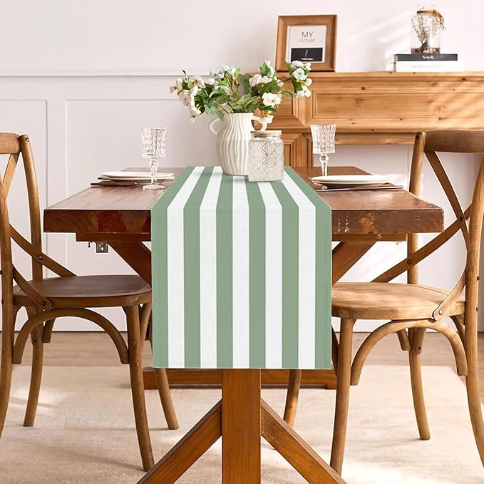 Sage Green and White Cabana Striped Table Runner Baby Shower Birthday Party Decoration Wedding Dining Room Home Kitchen Table Decor (Sage Green, 13" x 108")
