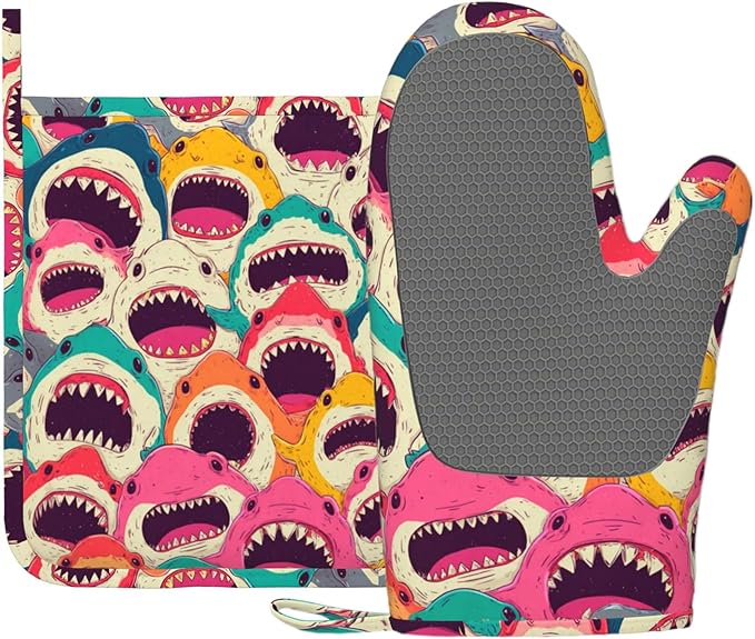 Colorful Shark Oven Mitts and Pot Holders Sets Angry Sharks Non-Slip Silicone Surface for BBQ Gloves,Kitchen,Cooking,Baking,Grilling