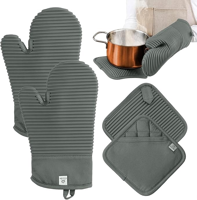 Extra Long Silicone Oven Mitts and Pot Holders Sets | Heat Resistant 500°F BPA-Free Food Grade Silicone Hot Pads & Kitchen Mittens | 4-Piece Set of Oven Gloves & Potholders for Kitchens- Gray