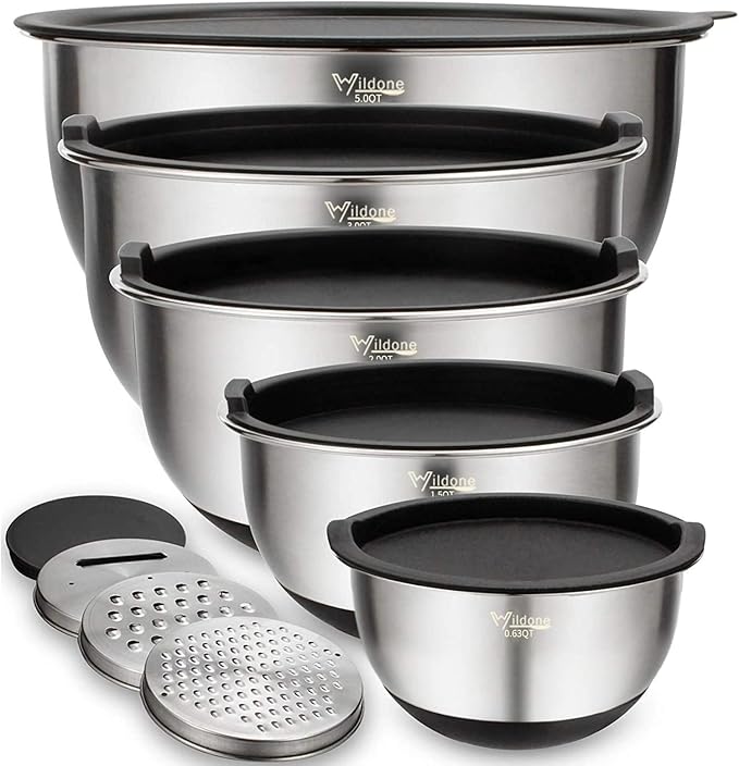 Wildone Mixing Bowls with Airtight Lids Set, 5PCS Stainless Steel Nesting Bowls for Kitchen, with Grater Attachments & Non-Slip Bottoms, Size 5, 3, 2, 1.5, 0.63 QT, Great for Mixing & Serving