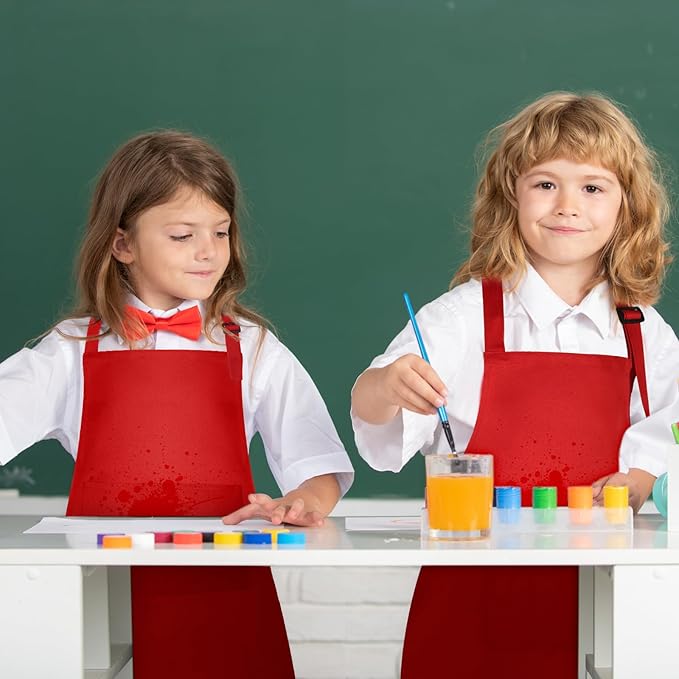 PLULON 4 Pcs Kids Aprons with 2 Pockets Painting Aprons for Kids Aprons Bulk, Paint Apron Adjustable Children Chef Aprons for Girls Boys Painting Baking Cooking Crafting - Red
